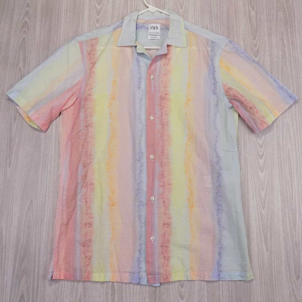 Zara Mens Small Relaxed Fit Short Sleeve Button Down Shirt Pastel Stripe Soft